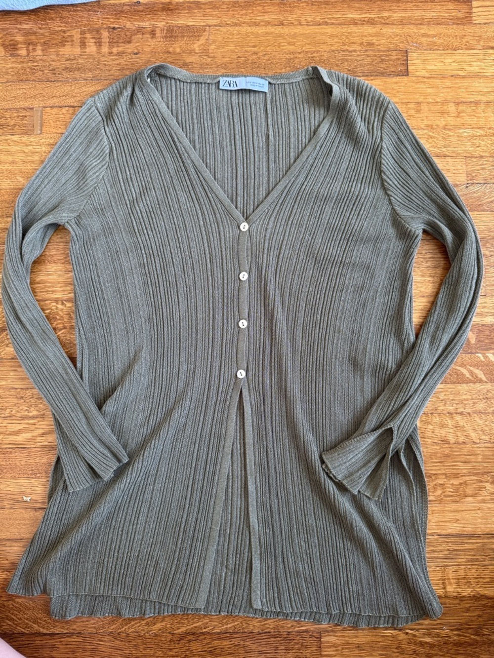 Zara Olive Ribbed V-Neck Button Cardigan